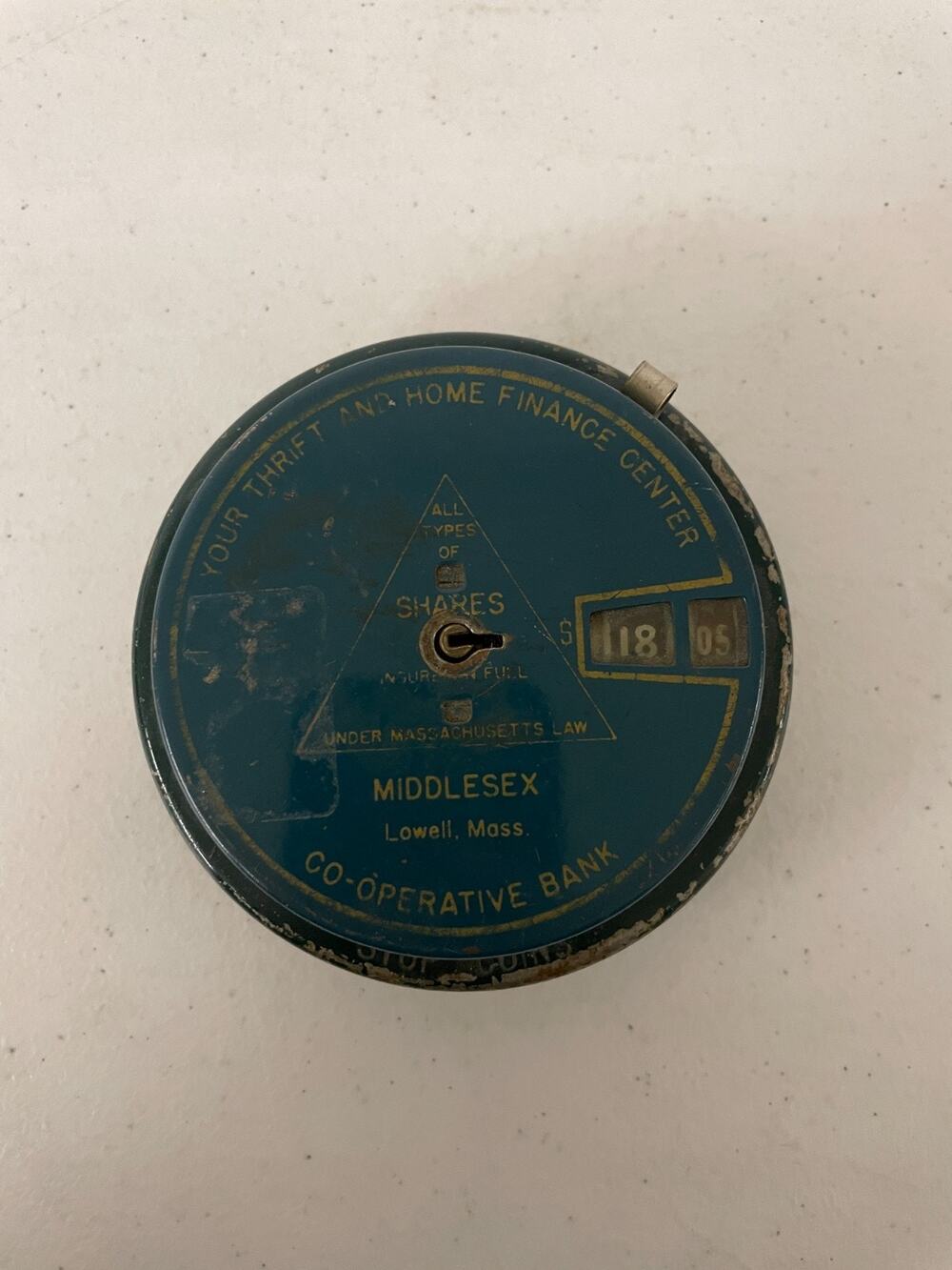 Vintage Lowell Co-operative Bank Metal Savings Coin Bank with Key